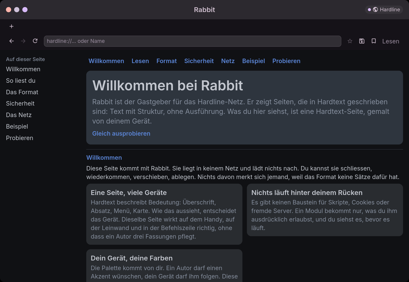 Rabbit zeigt seine Einführungsseite: Menü, Seitenmenü, Bühne und Karten